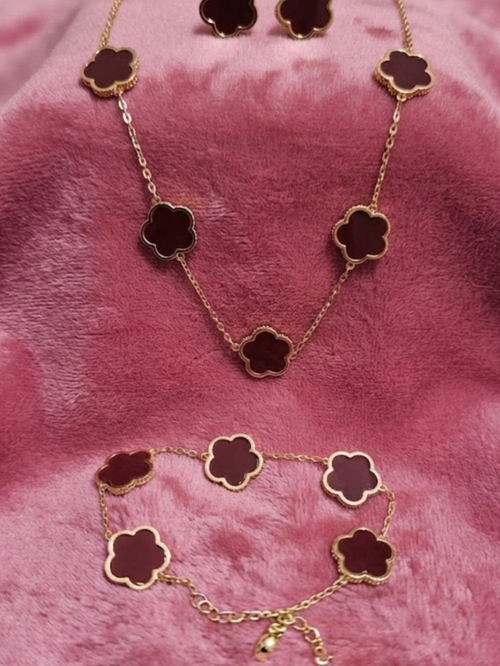 Stainless Steel Necklace, Bracelet & Earring Set with Dark Red Clover Accents